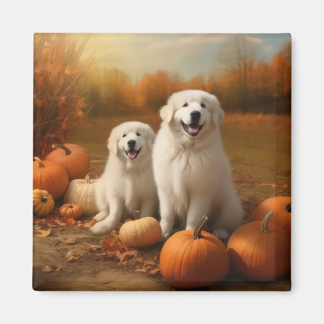 Underbar Pyrenees Puppy Autumn Delight Pumpkin Magnet (Framsidan)