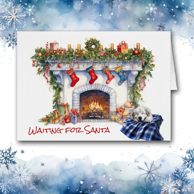 Underbar Pyrenees Puppy Fireplace Vänta på tomten Hälsningskort (Skapare uppladdad)