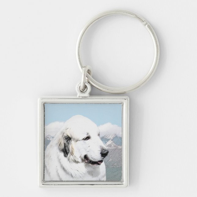 Underbar Pyrenémålning - Original Hund Art Fyrkantig Silverfärgad Nyckelring (Framsidan)