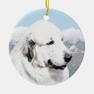 Underbar Pyrenémålning - Original Hund Art Julgransprydnad Keramik