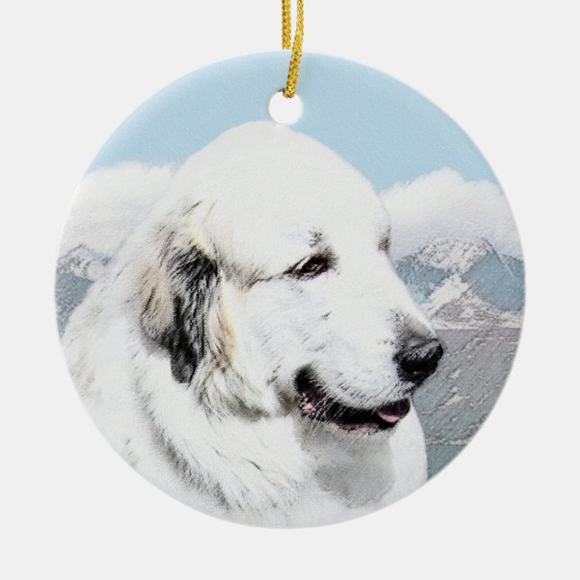 Underbar Pyrenémålning - Original Hund Art Julgransprydnad Keramik (Framsidan)