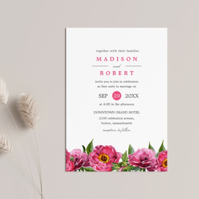 Underbar Rosa Magenta Peonies Gräns Bröllop Inbjudningar (Skapare uppladdad)