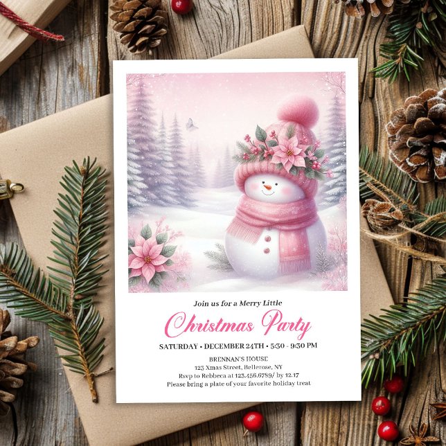 Underbar rosa snöman Redigerbar julinbjudan  Inbjudningar (Wonderous Pink Snowman Editable Christmas Invite Download)