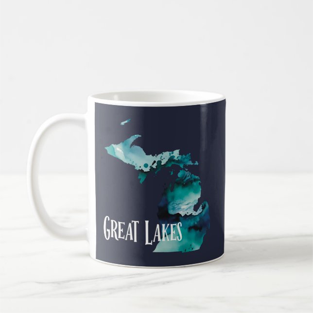 Underbar Sjöar Michigan-staten Karta Blue Watercol Kaffemugg (Vänster)