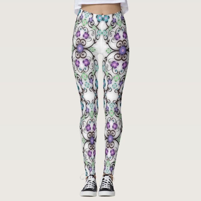 Underbar spetsig look av blå violetta blommor  leggings (Framsida)