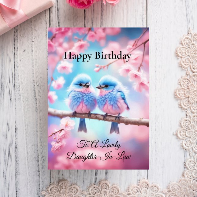 Underbar svärdotter Fluffiga blåfåglars födelsedag Kort (Cherished daughter-in-law, delight in this unique birthday card with fluffy bluebirds.)