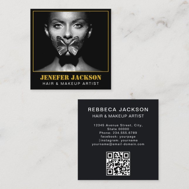 Underbar text modern fotograf QR-kod svart Fyrkantigt Visitkort (Fram/baksida)