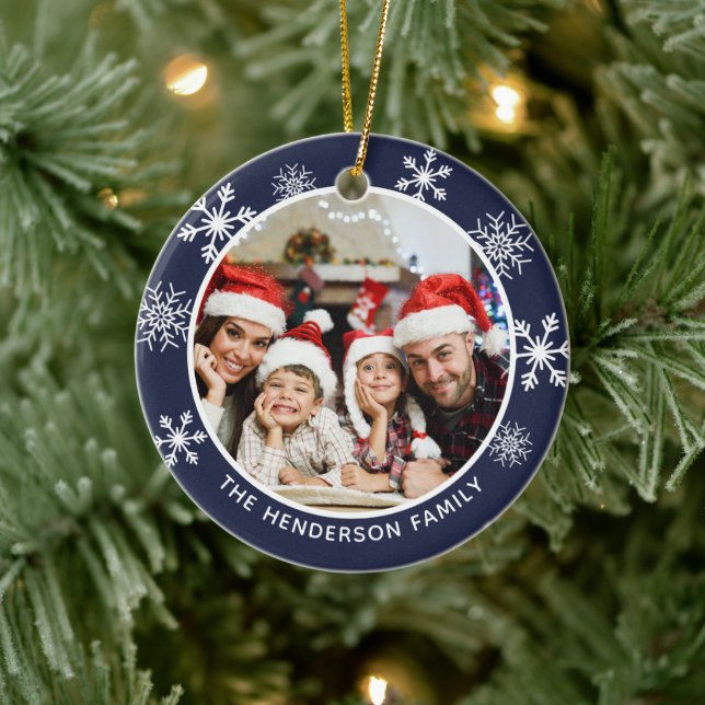 Underbar tid på året Anpassad bild Navy Snowflake Julgransprydnad Keramik (Träd)