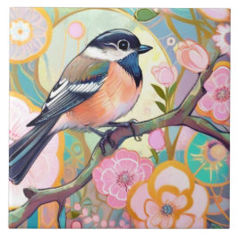 Underbar Tit Bird Chickadee Rosa Flower Blommigt Kakelplatta