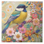 Underbar Tit Chickadee Bird Colorful Blommigt Flow Kakelplatta<br><div class="desc">"Söta underbara tuterikonst",  "gult pergament på gren",  "rosa blommor vår blommar",  "vattnig blommigt blommor blommar",  "söt vackra dekorativa sakura",  "contemporary gustav klimt inspirerad",  "färgkonst deco nouveau",  "modern blå pastel prydnadsdjur",  "arty botanical asian oriental",  vibrental",  "oriental",  "vitalt",  "vitalt",  "vitalt",  "levande",  "levande fågelvilt i regnbåge av multifärgad"</div>
