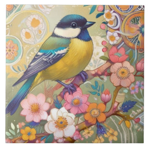 Underbar Tit Chickadee Bird Colorful Blommigt Flow Kakelplatta