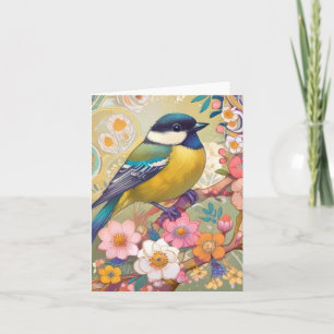 Underbar Tit Chickadee Bird Colorful Blommigt Flow Kort