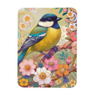Underbar Tit Chickadee Bird Colorful Blommigt Flow Magnet