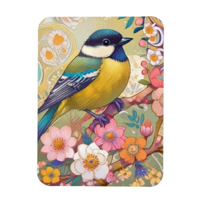 Underbar Tit Chickadee Bird Colorful Blommigt Flow Magnet (Vertikal)