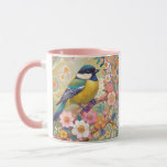 Underbar Tit Chickadee Bird Colorful Blommigt Flow Mugg<br><div class="desc">"Söta underbara tuterikonst",  "gult pergament på gren",  "rosa blommor vår blommar",  "vattnig blommigt blommor blommar",  "söt vackra dekorativa sakura",  "contemporary gustav klimt inspirerad",  "färgkonst deco nouveau",  "modern blå pastel prydnadsdjur",  "arty botanical asian oriental",  vibrental",  "oriental",  "vitalt",  "vitalt",  "vitalt",  "levande",  "levande fågelvilt i regnbåge av multifärgad"</div>