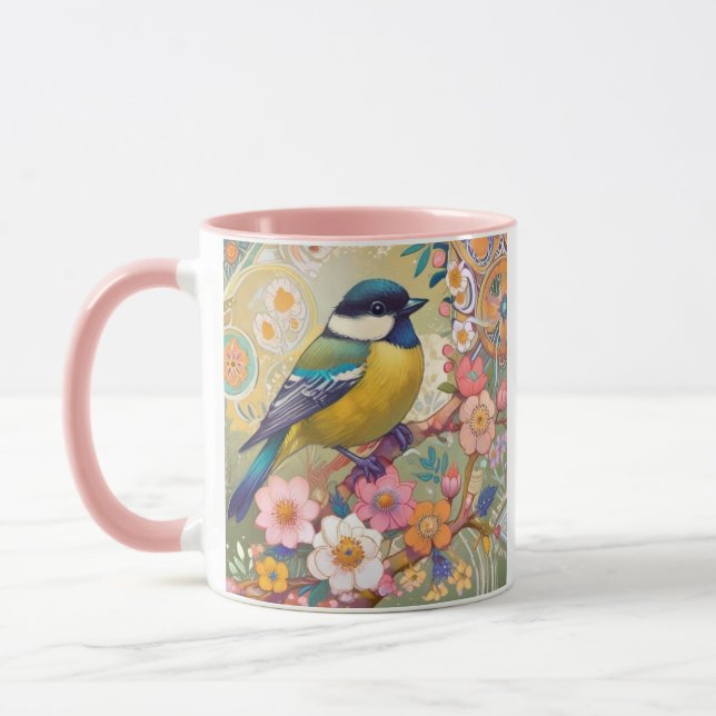 Underbar Tit Chickadee Bird Colorful Blommigt Flow Mugg (Vänster)