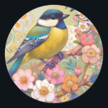 Underbar Tit Chickadee Bird Colorful Blommigt Flow Runt Klistermärke<br><div class="desc">"Söta underbara tuterikonst",  "gult pergament på gren",  "rosa blommor vår blommar",  "vattnig blommigt blommor blommar",  "söt vackra dekorativa sakura",  "contemporary gustav klimt inspirerad",  "färgkonst deco nouveau",  "modern blå pastel prydnadsdjur",  "arty botanical asian oriental",  vibrental",  "oriental",  "vitalt",  "vitalt",  "vitalt",  "levande",  "levande fågelvilt i regnbåge av multifärgad"</div>