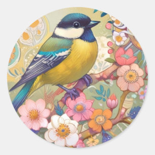 Underbar Tit Chickadee Bird Colorful Blommigt Flow Runt Klistermärke