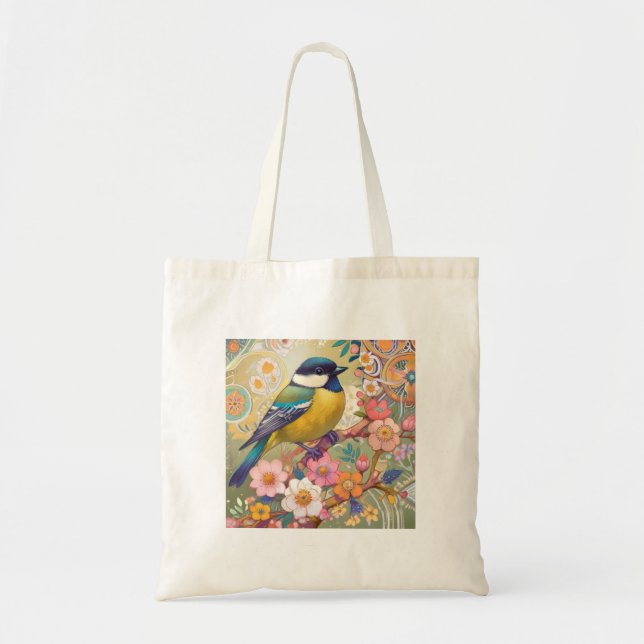 Underbar Tit Chickadee Bird Colorful Blommigt Flow Tygkasse (Framsidan)