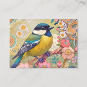 Underbar Tit Chickadee Bird Colorful Blommigt Flow Visitkort