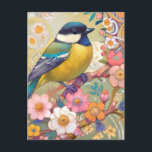 Underbar Tit Chickadee Bird Colorful Blommigt Flow Vykort<br><div class="desc">"Söta underbara tuterikonst",  "gult pergament på gren",  "rosa blommor vår blommar",  "vattnig blommigt blommor blommar",  "söt vackra dekorativa sakura",  "contemporary gustav klimt inspirerad",  "färgkonst deco nouveau",  "modern blå pastel prydnadsdjur",  "arty botanical asian oriental",  vibrental",  "oriental",  "vitalt",  "vitalt",  "vitalt",  "levande",  "levande fågelvilt i regnbåge av multifärgad"</div>
