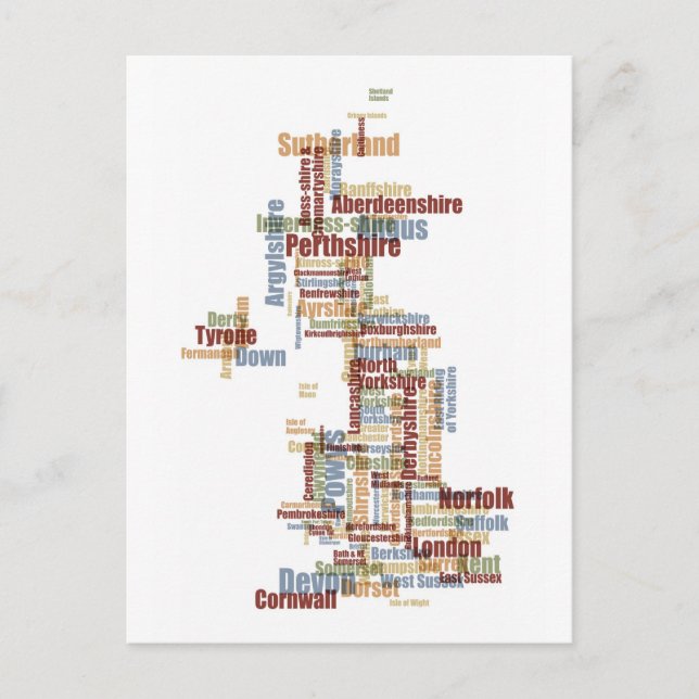 Underbar UK County Text Karta Vykort (Framsida)