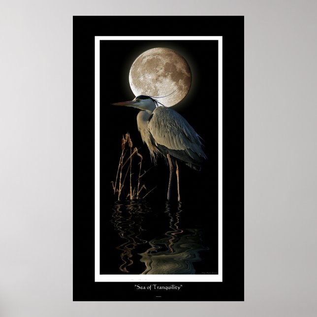 Underbar utskrift av blå Heron, Reeds och Måne Art Poster (Framsidan)
