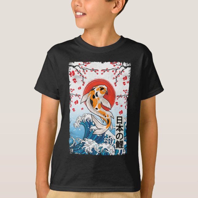 Underbar våg av Kanagawa Cherry Blommar Koi Fish T Shirt (Framsida)