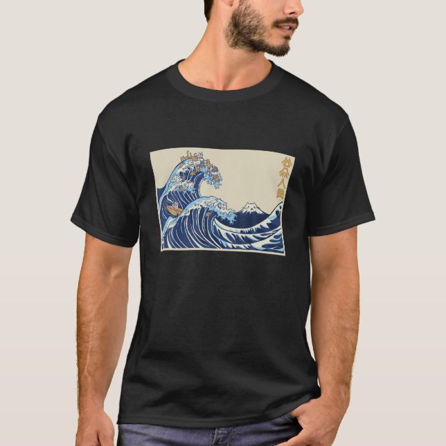 Underbar våg av Kanagawa med Cats Aesthetic Kanji T Shirt (Framsida)
