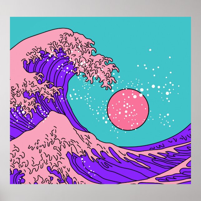 Underbar våg i Vaporwave: Stilized Ocean Art Poster (Framsidan)