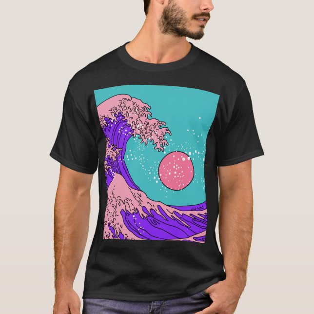Underbar våg i Vaporwave: Stilized Ocean Art T Shirt (Framsida)
