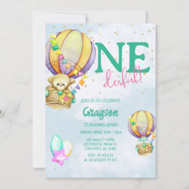 Underbar varmluftsballong blå 1-års födelsedag inbjudningar
