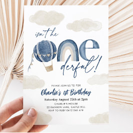 Underbar varmluftsballong regnbåge pojke 1-årsdag inbjudningar