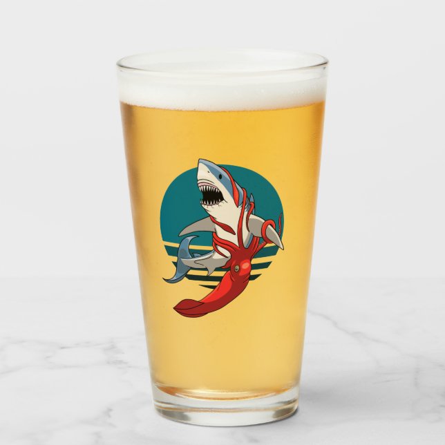 Underbar vit haj och giant bläckfisk glaskopp (Framsida fylld)