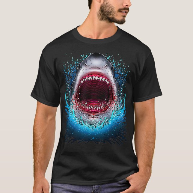 Underbar vit haj, öppen mun, övre delen av strande t shirt (Framsida)