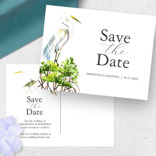 Underbar vit Heron Spara datum Vykort (Save the date postcards destination weddings Florida watercolor heron and mangroves Do Tell A Belle)