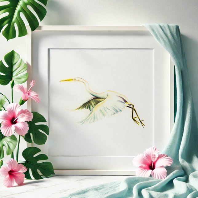 Underbar Vita öron Tropical Art Poster (beach art great white heron watercolor painting by Victoria Grigaliunas. Order prints.)