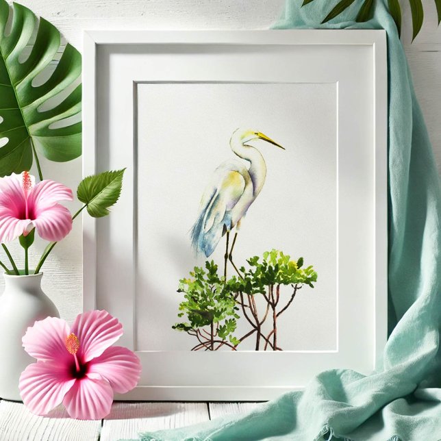 Underbar Vita öron Tropical Beach Art Poster (Watercolor art great white heron and mangroves by Victoria Grigaliunas. Order prints. )