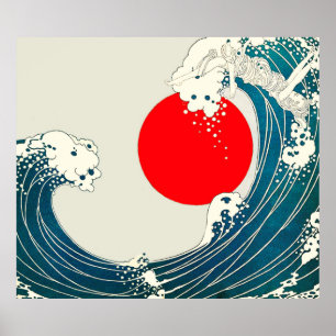 UNDERBAR WAVE OCH RED SOL Blue White Nautical Poster
