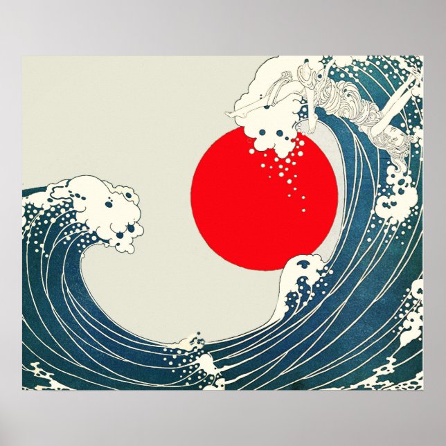 UNDERBAR WAVE OCH RED SOL Blue White Nautical Poster (Framsidan)