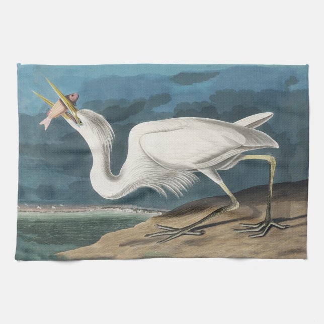 Underbar White Heron Audubon Bird Wildlife Paintin Kökshandduk (Horisontell)
