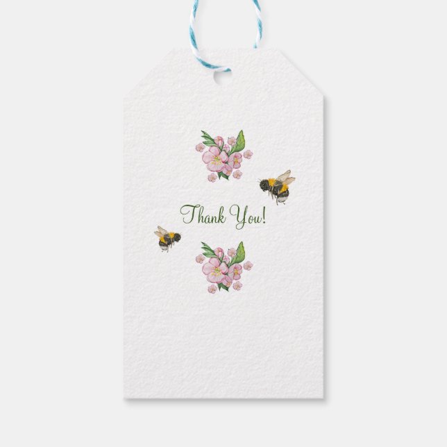 Underbara akvarell äppelträd blommor och bіе presentetikett (Baksidan)