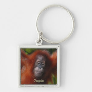 Underbara apes Orangutan Primate Wildlife-älskare Fyrkantig Silverfärgad Nyckelring