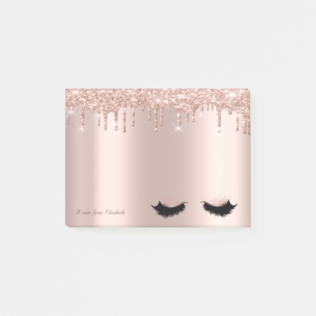 Underbara Eleganta Rosa Guld Glitterdroppar Falska Post-it Block (Framsida)
