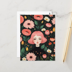 Underbara flickor med Rosa Hair i blommorna Vykort
