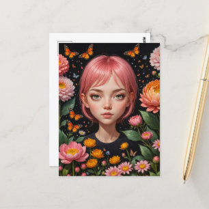Underbara flickor med Rosa Hair i blommorna Vykort
