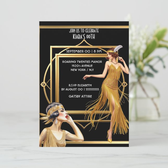 Underbara Gatsby black guld flapper Girl art deco Inbjudningar (Stående Fram)