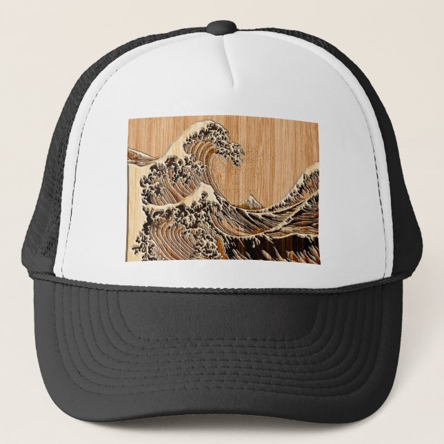 Underbara Hokusai Wave Bamboo Wood Stil-dekoration Truckerkeps (Framsida)