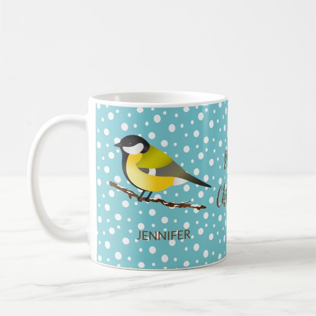 Underbara julfågeln Tit Parus Major och Namn Kaffemugg (Vänster)