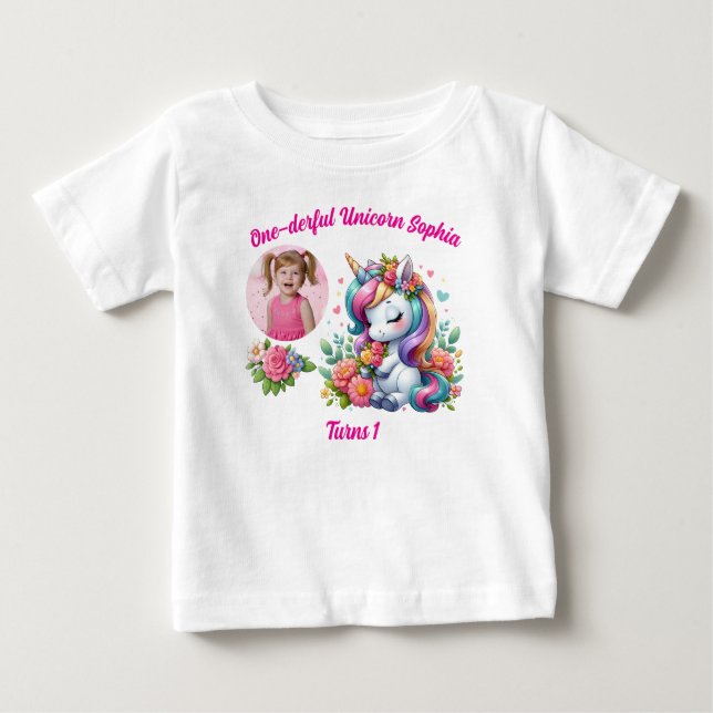 Underbara Magiska Blommiga Enhörning 1-årsdag T Shirt (Framsida)